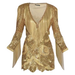 2010 Balmain Perlenbesetztes und mit Fransen besetztes Goldkleid von Celebrity Closet