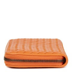 2015 Bottega Veneta Orange Woven Calfskin Leather Zip Around Wallet