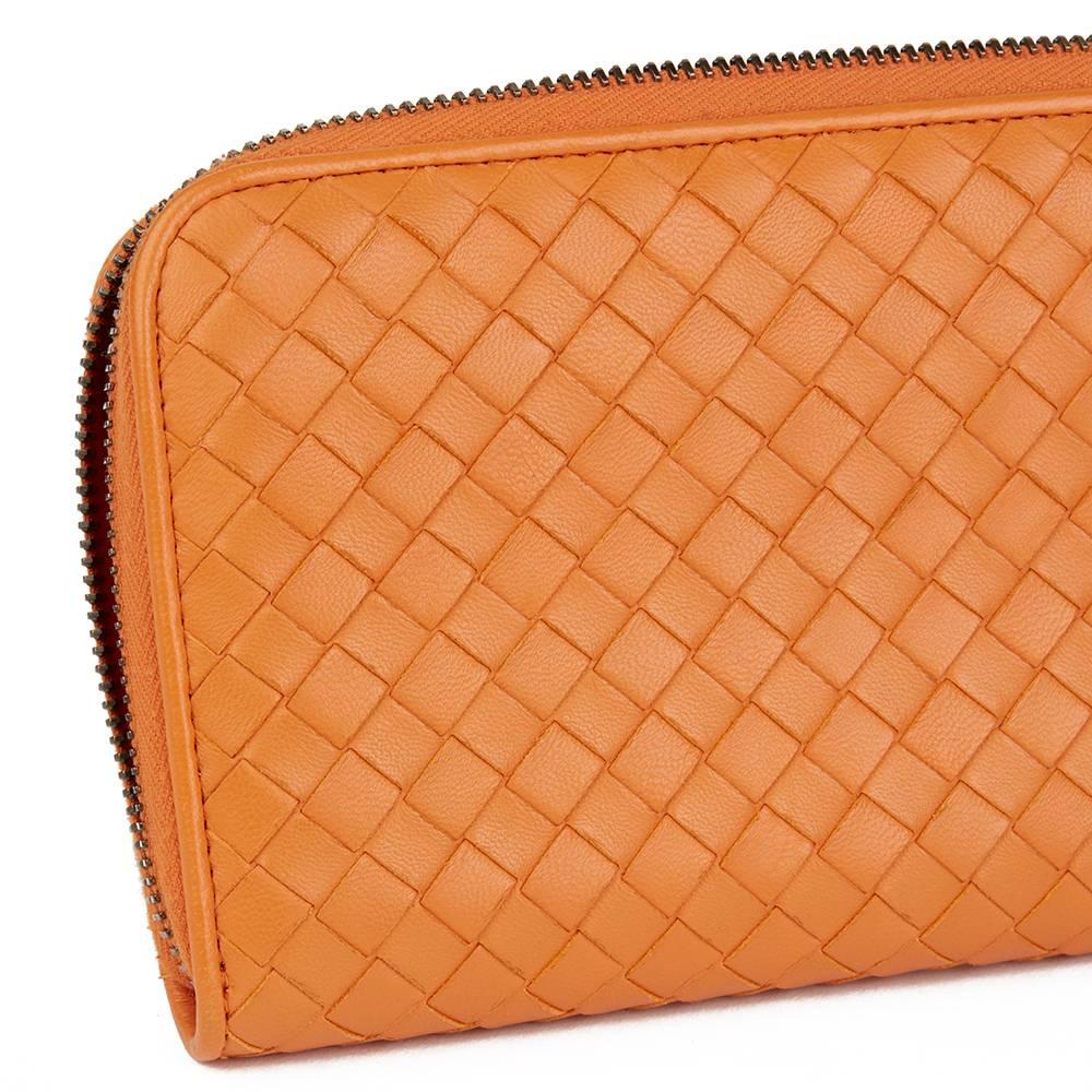 Women's 2015 Bottega Veneta Orange Woven Calfskin Leather Zip Around Wallet