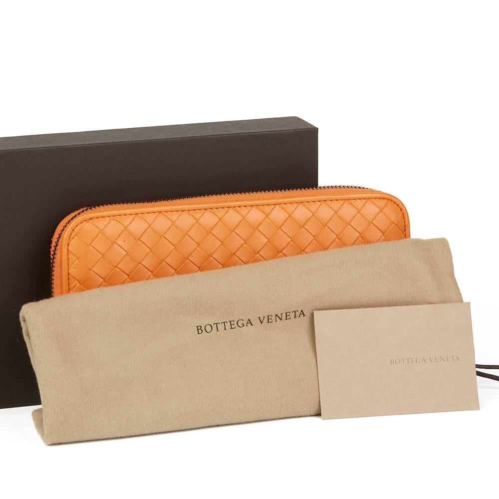 2015 Bottega Veneta Orange Woven Calfskin Leather Zip Around Wallet 4