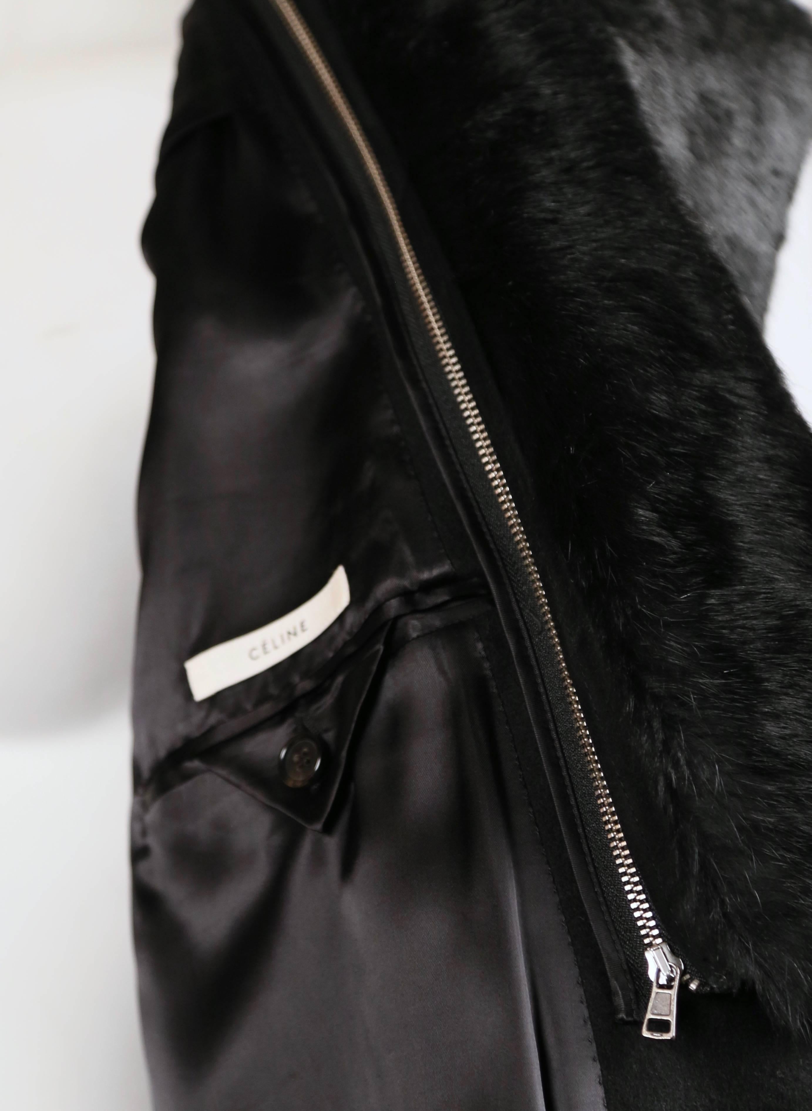 2010 CELINE by Phoebe Philo black wool crombie coat with removable rabbit collar im Angebot 11