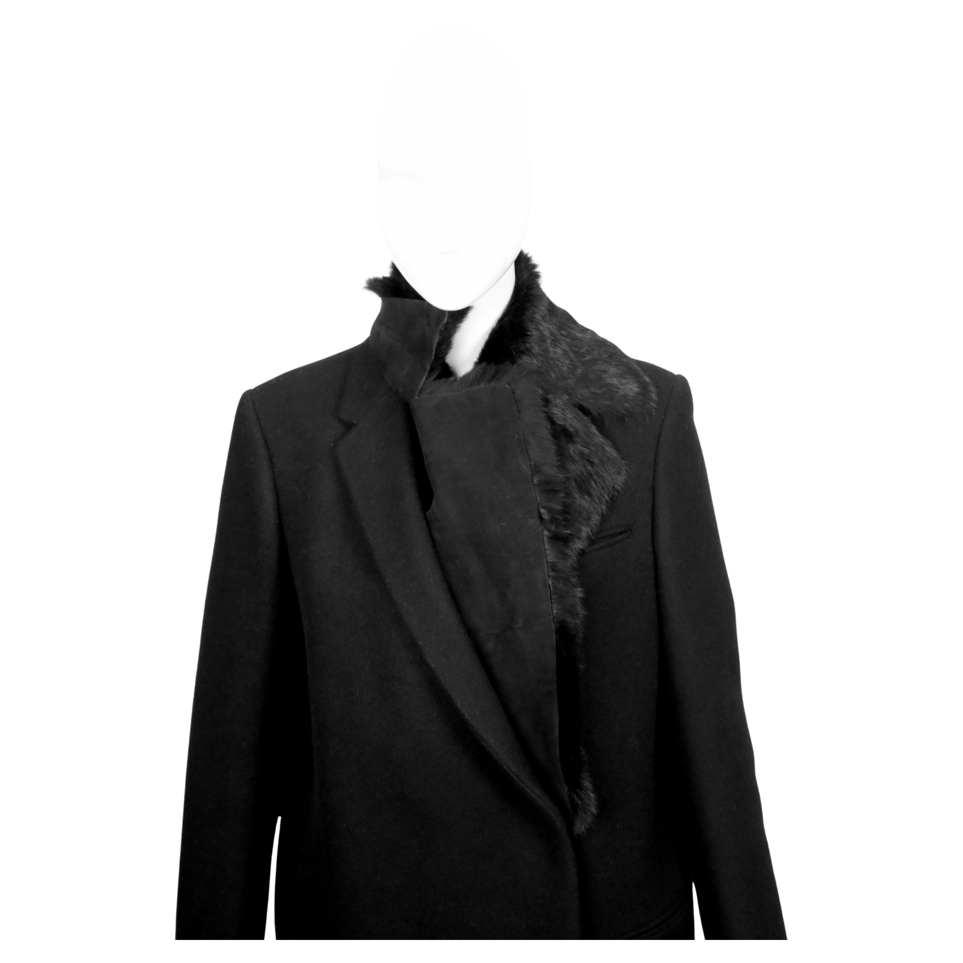 2010 CELINE by Phoebe Philo black wool crombie coat with removable rabbit collar im Zustand „Hervorragend“ im Angebot in San Fransisco, CA