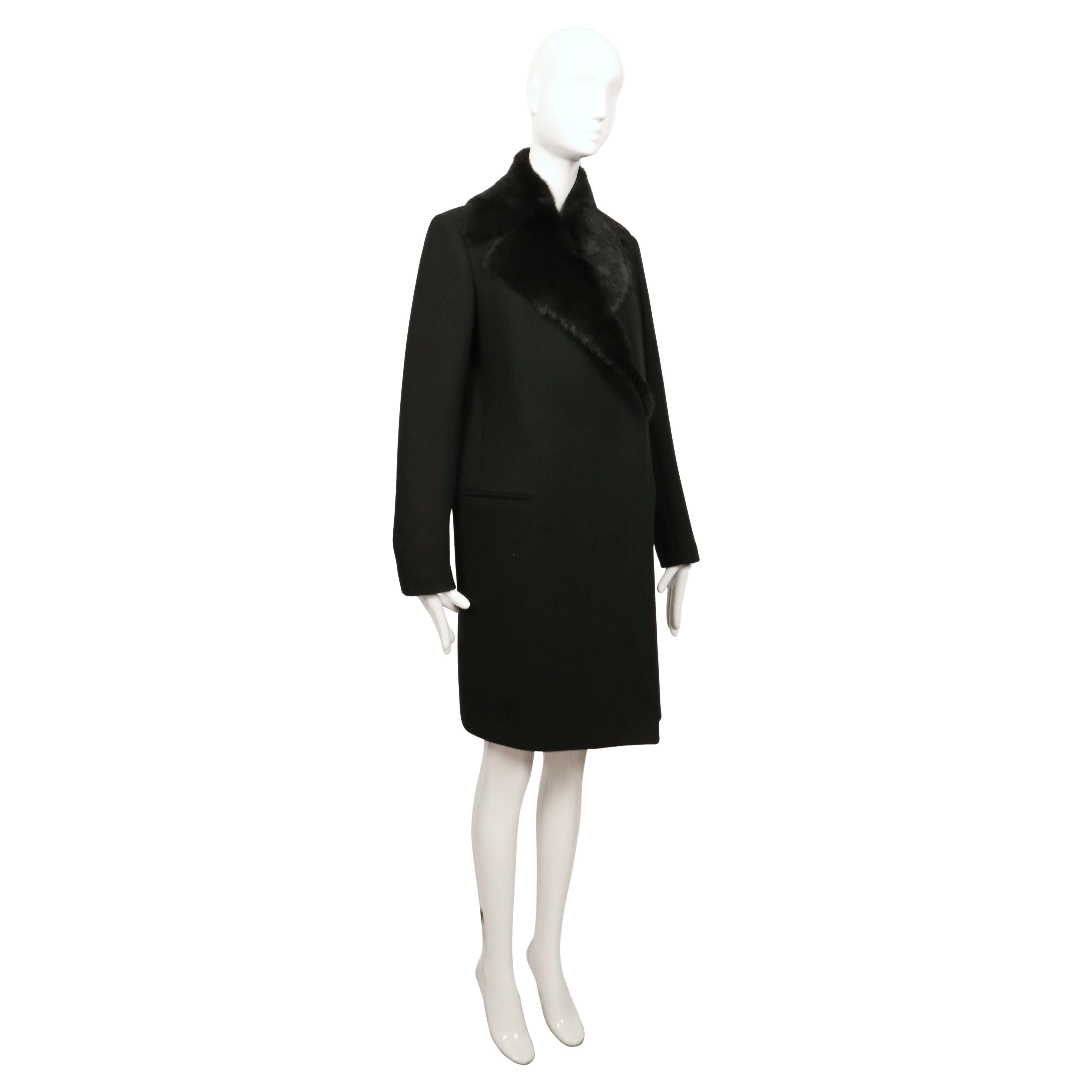 2010 CELINE by Phoebe Philo black wool crombie coat with removable rabbit collar für Damen oder Herren im Angebot