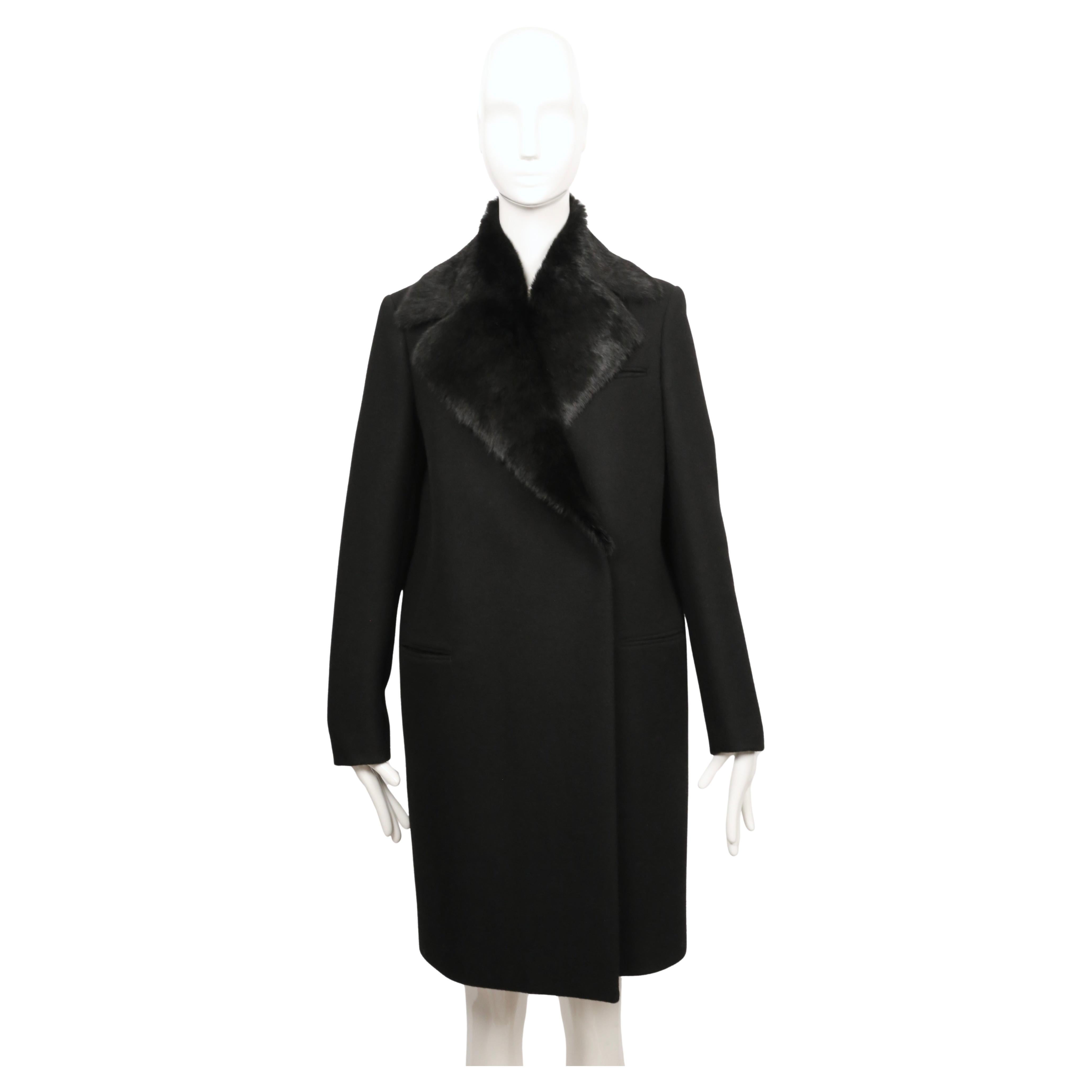 2010 CELINE by Phoebe Philo black wool crombie coat with removable rabbit collar