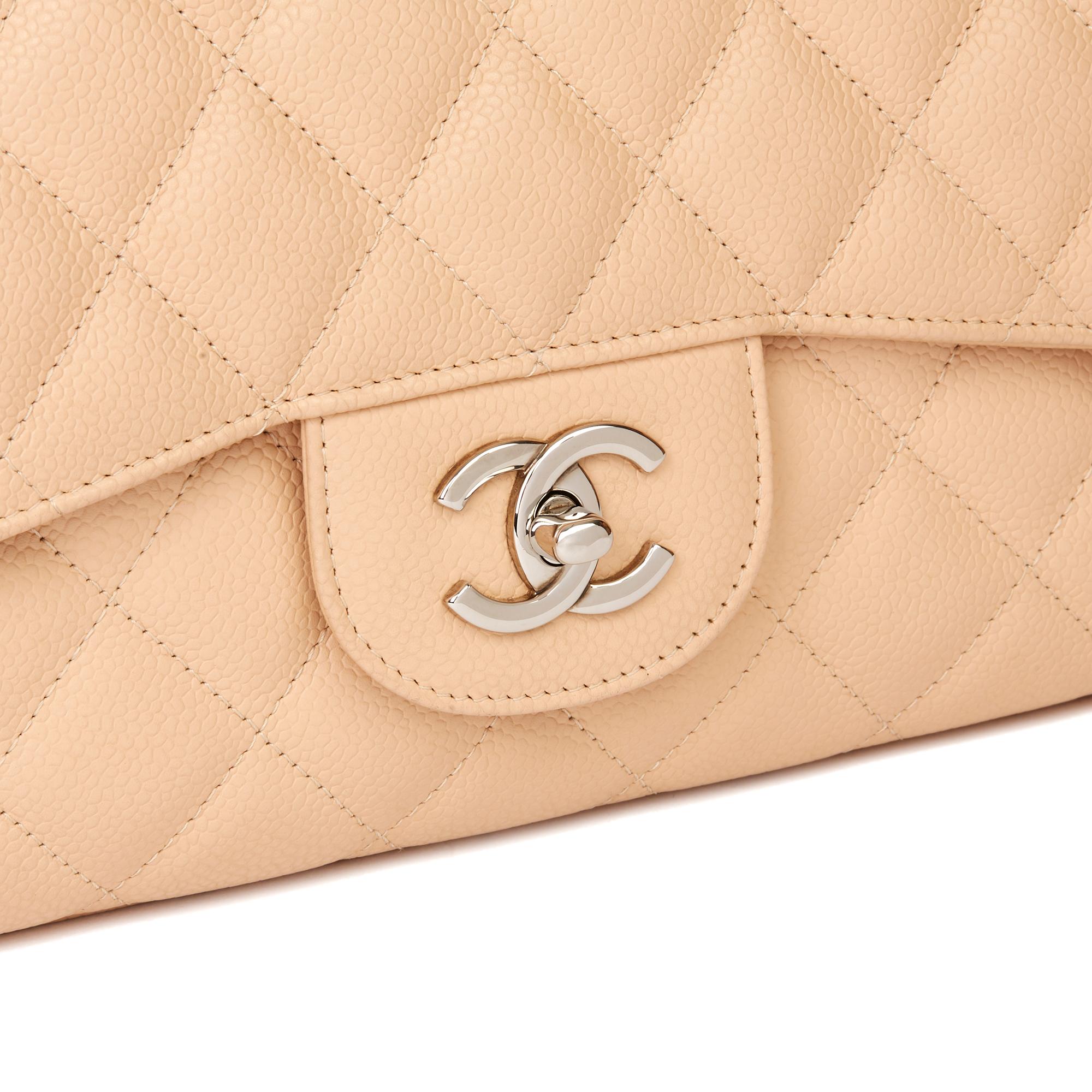 2010 Chanel Beige Quilted Caviar Leather Jumbo Classic Single Flap Bag In Excellent Condition In Bishop's Stortford, Hertfordshire