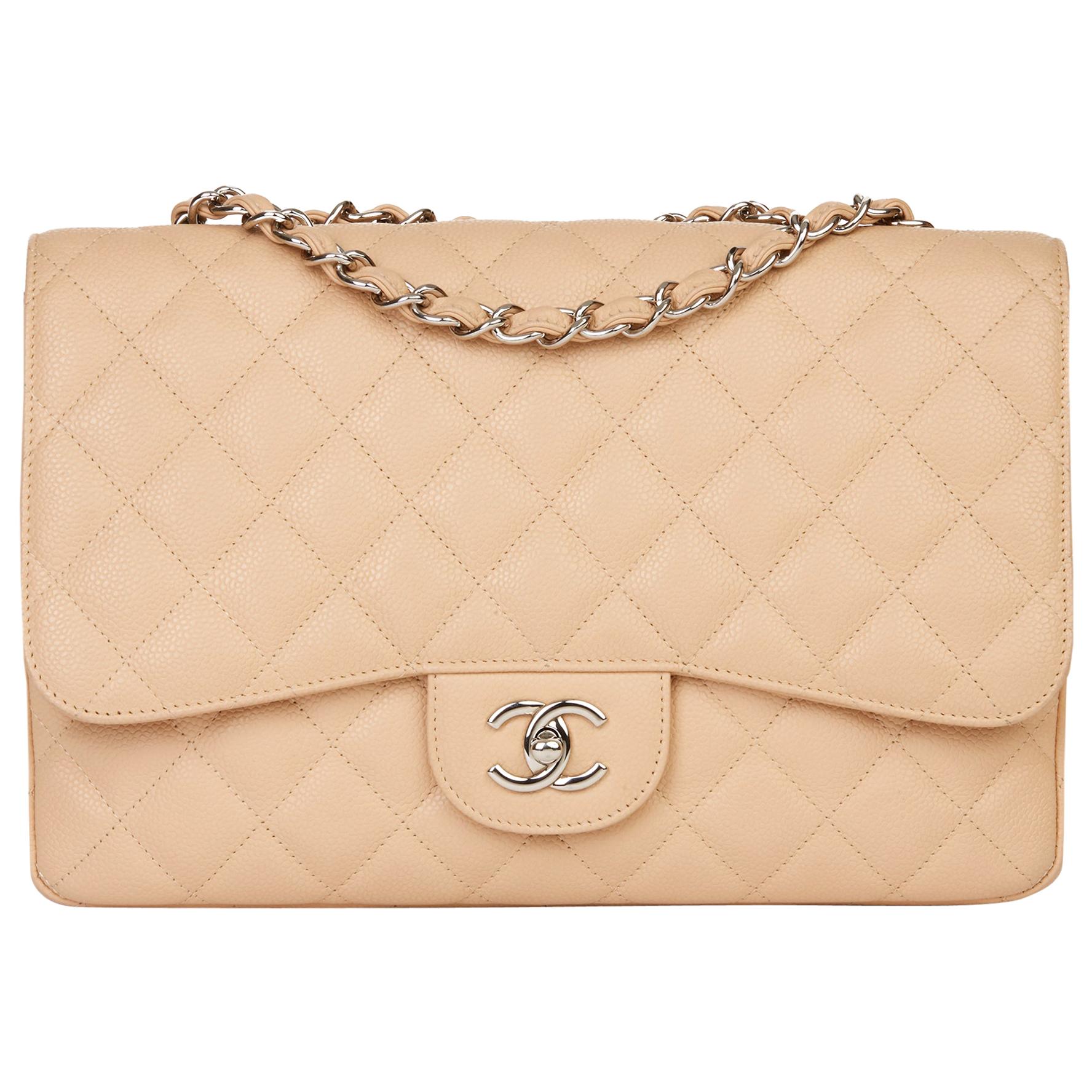2010 Chanel Beige Quilted Caviar Leather Jumbo Classic Single Flap Bag