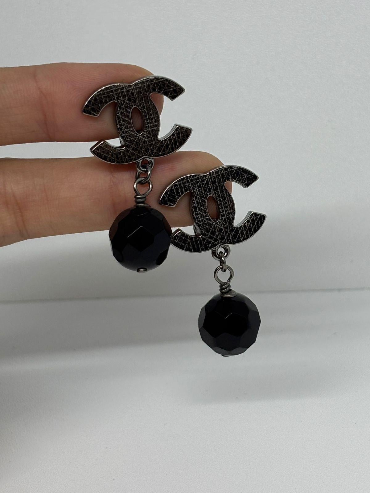 2010 Chanel Black Ball Drop Clip On Earrings 2