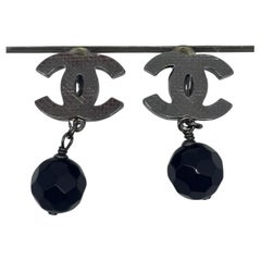 2010 Chanel Black Ball Drop Clip On Earrings