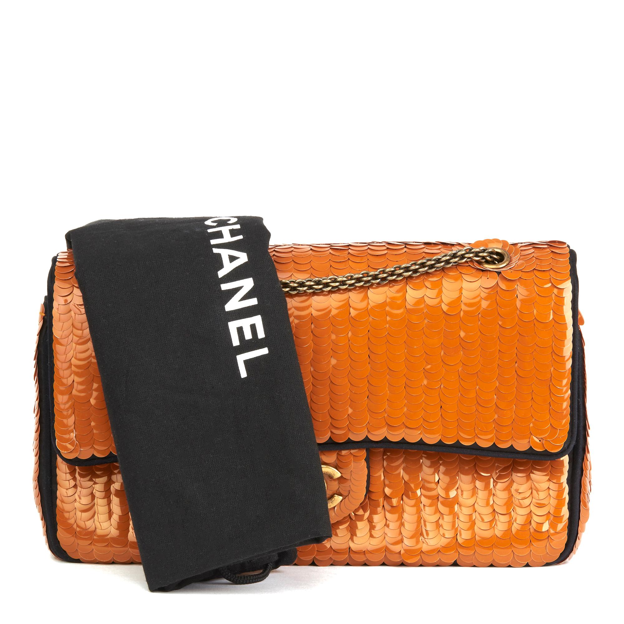 2010 Chanel Black Satin & Orange Sequin Embellished Medium Classic Double Flap  6