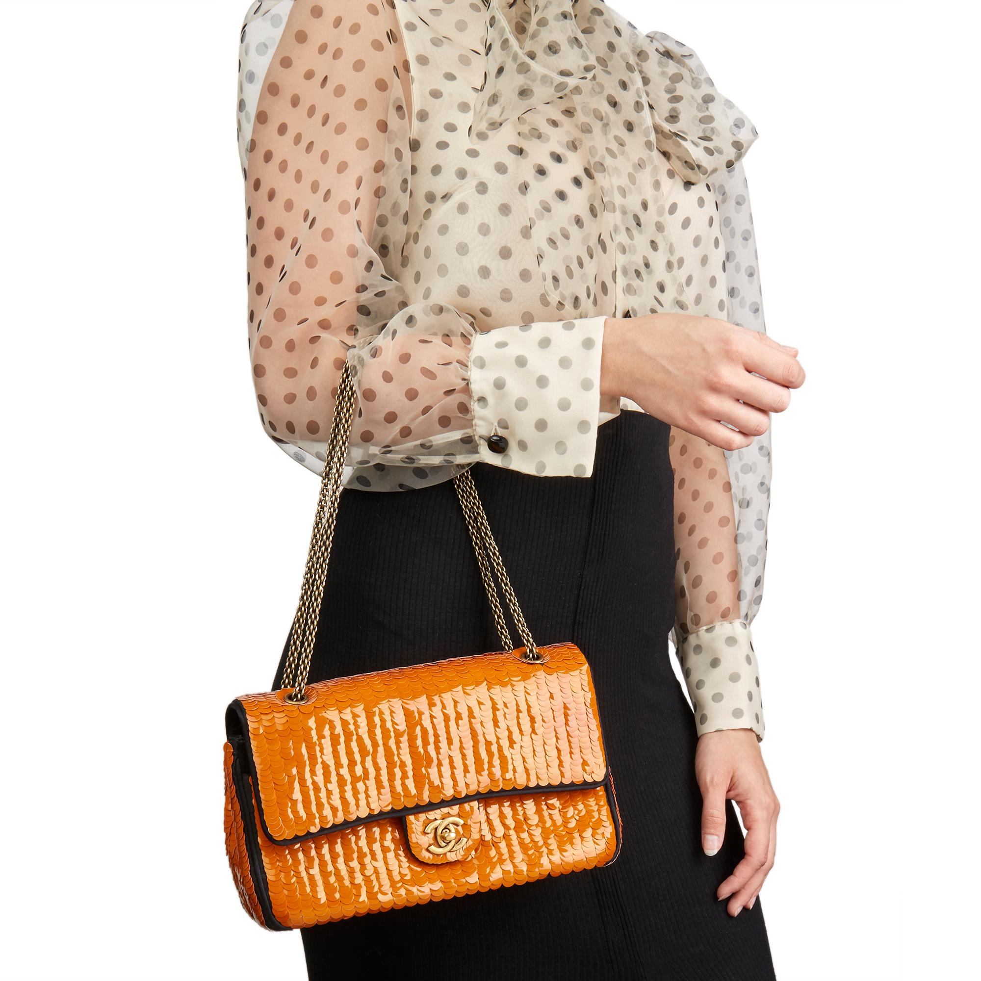 2010 Chanel Black Satin & Orange Sequin Embellished Medium Classic Double Flap  7