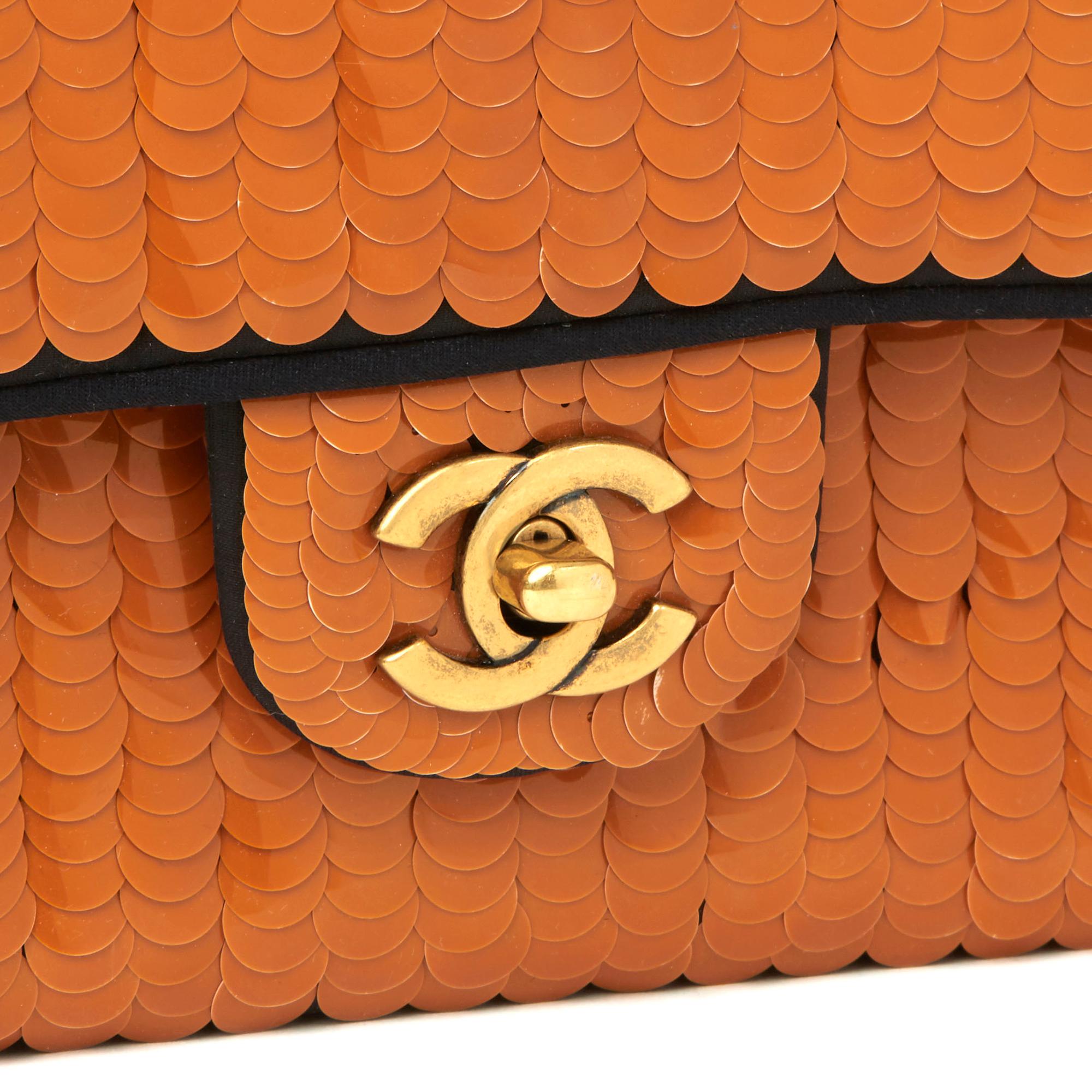 2010 Chanel Black Satin & Orange Sequin Embellished Medium Classic Double Flap  2