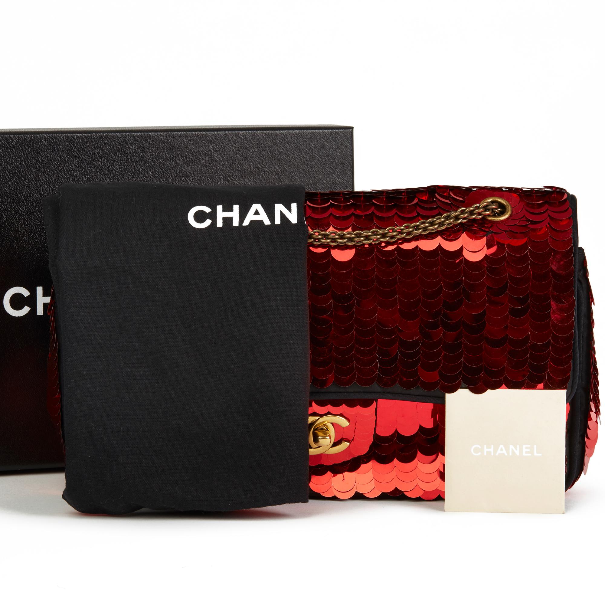 2010 Chanel Black Satin & Red Sequin Shanghai Medium Classic Double Flap Bag 4