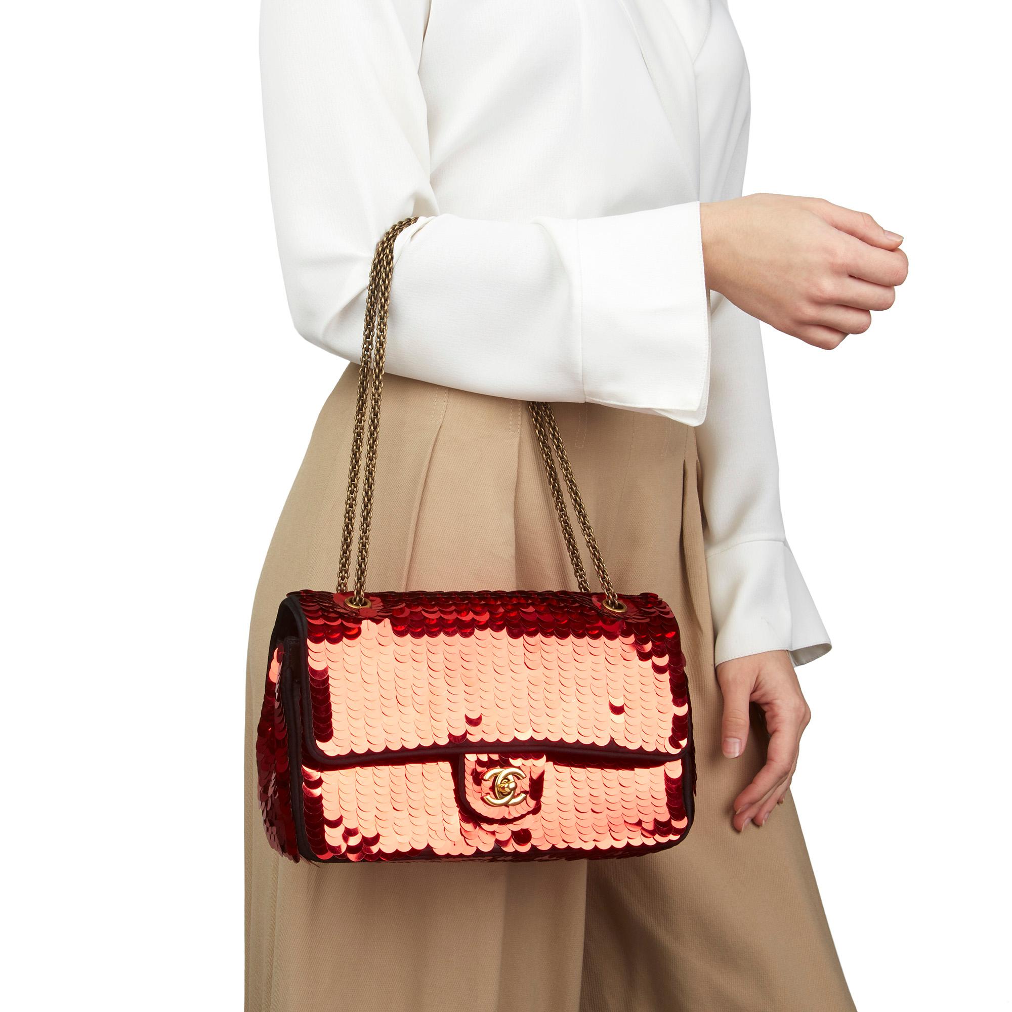 2010 Chanel Black Satin & Red Sequin Shanghai Medium Classic Double Flap Bag 5