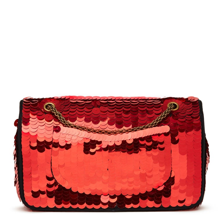 2010 Chanel Black Satin & Red Sequin Shanghai Medium Classic Double Flap Bag