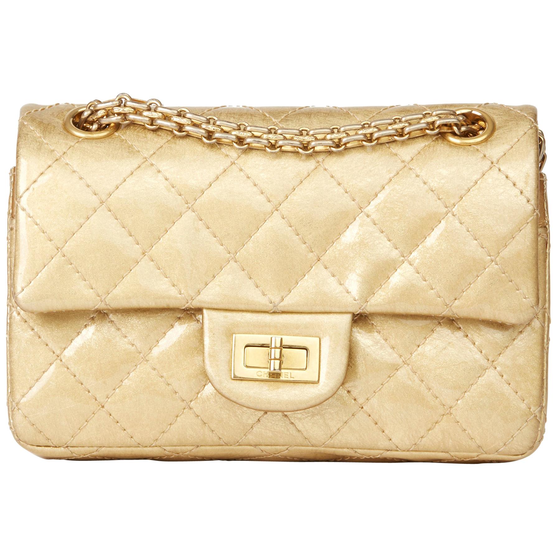 2010 Chanel Gold Quilted Metallic Aged Patent Leather Reissue Double Flap Bag