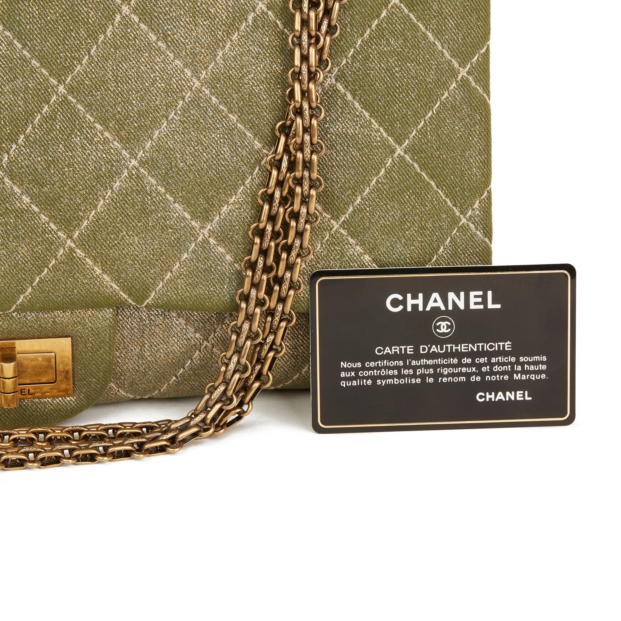 2010 Chanel Khaki Metallic Coated Denim 2.55 Reissue 227 Double Flap Bag 5