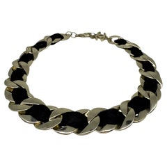 2010 Chanel Light Gold Chain Satin Enteined Choker Necklace