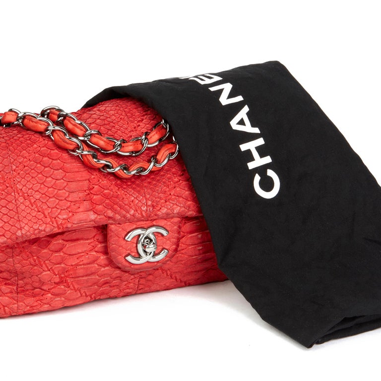 2010 Chanel Red Heavy-Stitch Quilted Python Leather Classic Single Flap ...