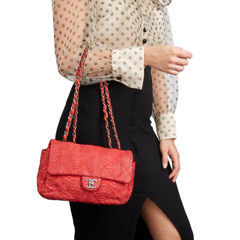 2010 Chanel Red Heavy-Stitch Quilted Python Leather Classic Single Flap Bag