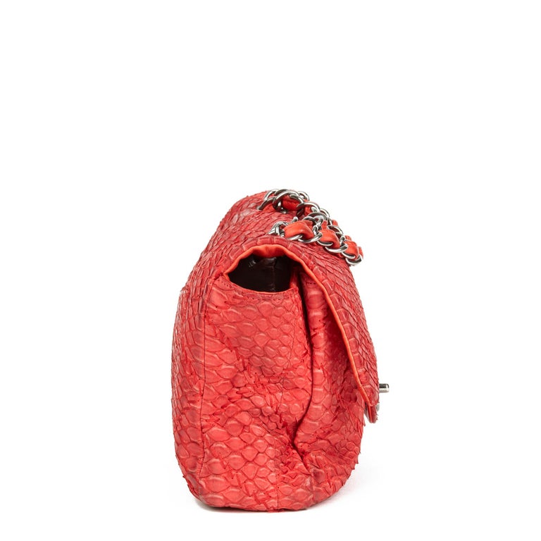 2010 Chanel Red Heavy-Stitch Quilted Python Leather Classic Single Flap Bag  at 1stDibs