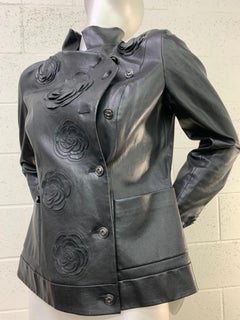 2010 Chanel "Shanghai Collection"  Black Leather Jacket w/ Camellias