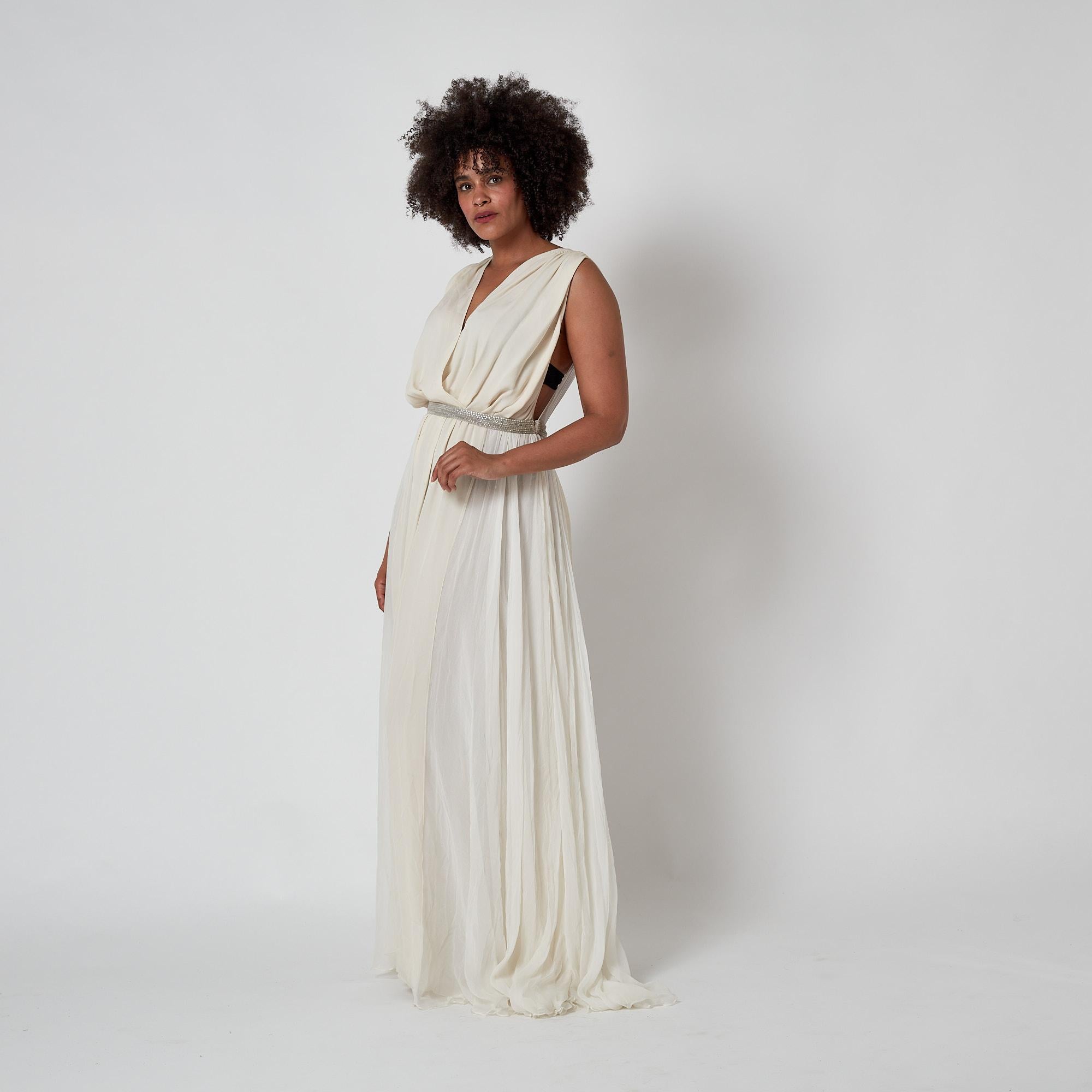 2010 Chloe Ecru Silk Chiffon Maxi-Dress with Silver Rhinestone Detailing For Sale 5