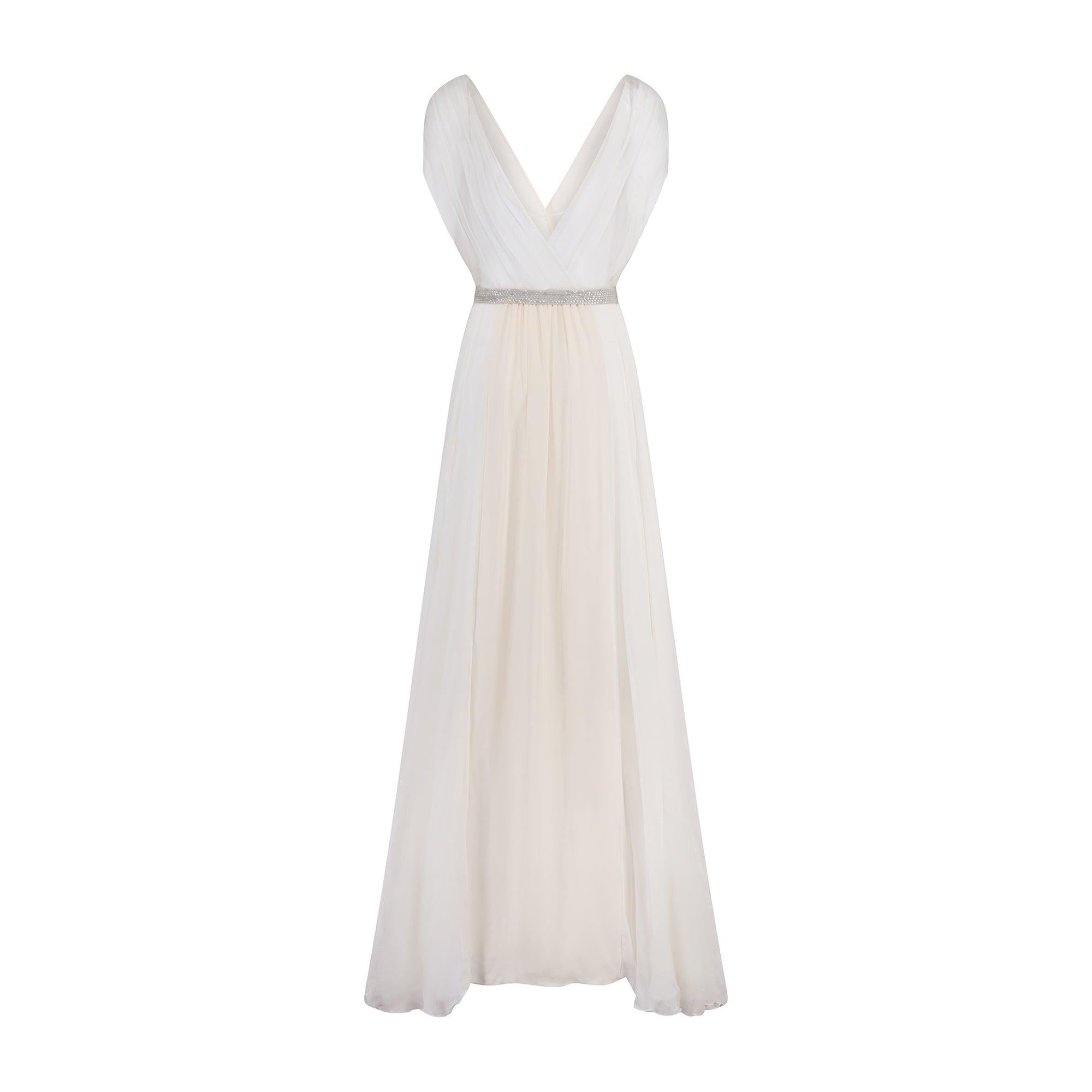 Beige 2010 Chloe Ecru Silk Chiffon Maxi-Dress with Silver Rhinestone Detailing For Sale
