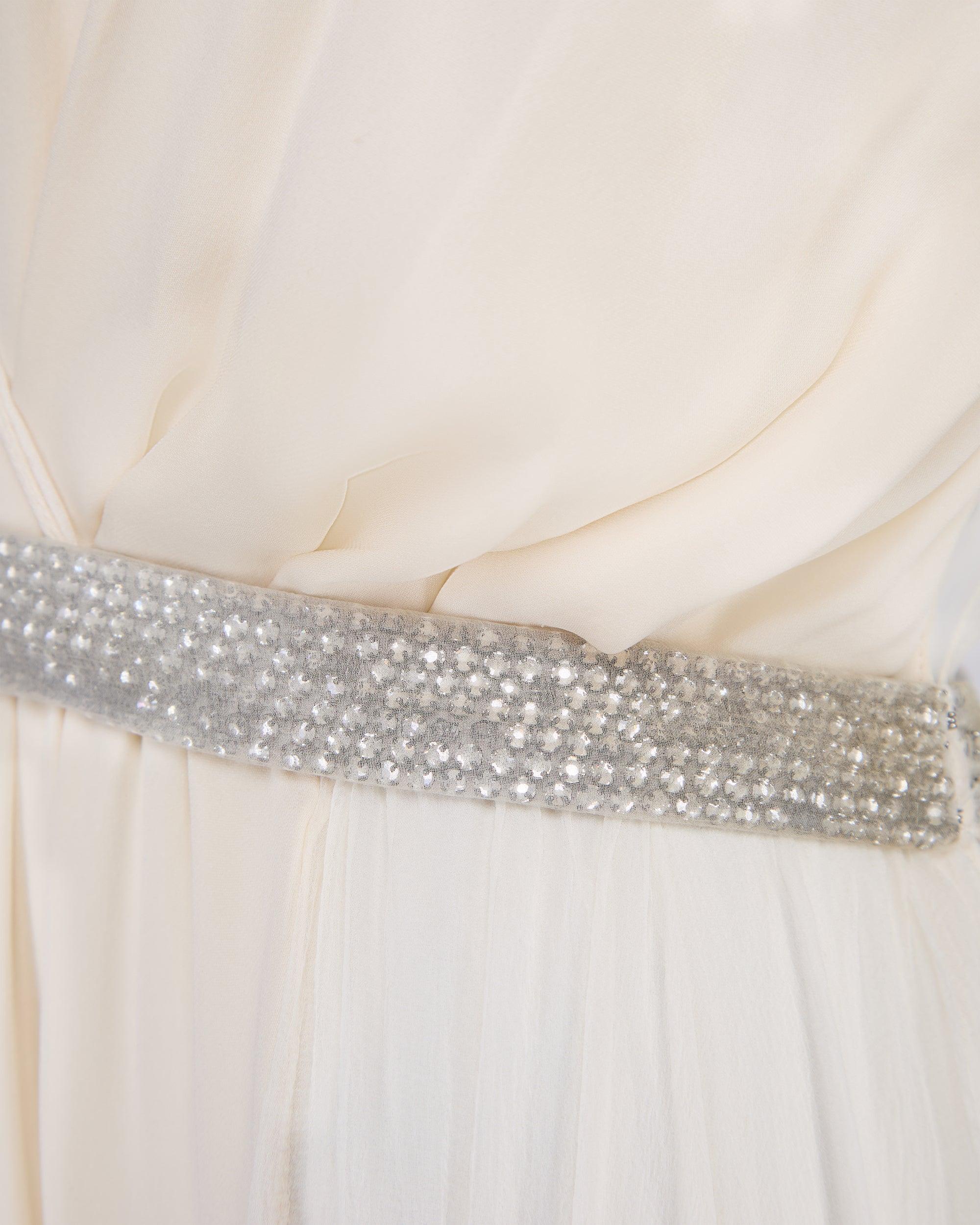 2010 Chloe Ecru Silk Chiffon Maxi-Dress with Silver Rhinestone Detailing In Excellent Condition For Sale In London, GB