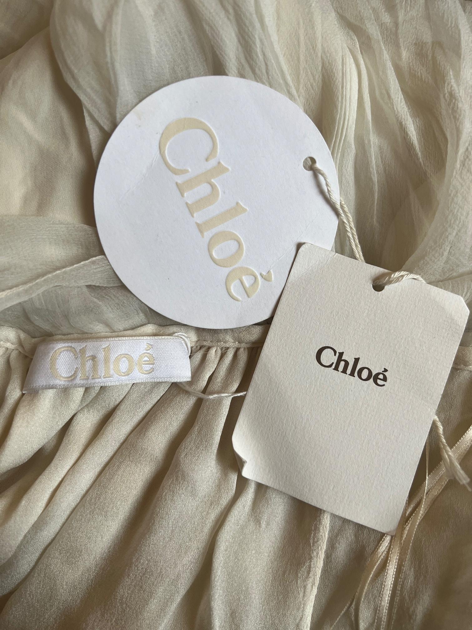 Women's 2010 Chloe Ecru Silk Chiffon Maxi-Dress with Silver Rhinestone Detailing For Sale