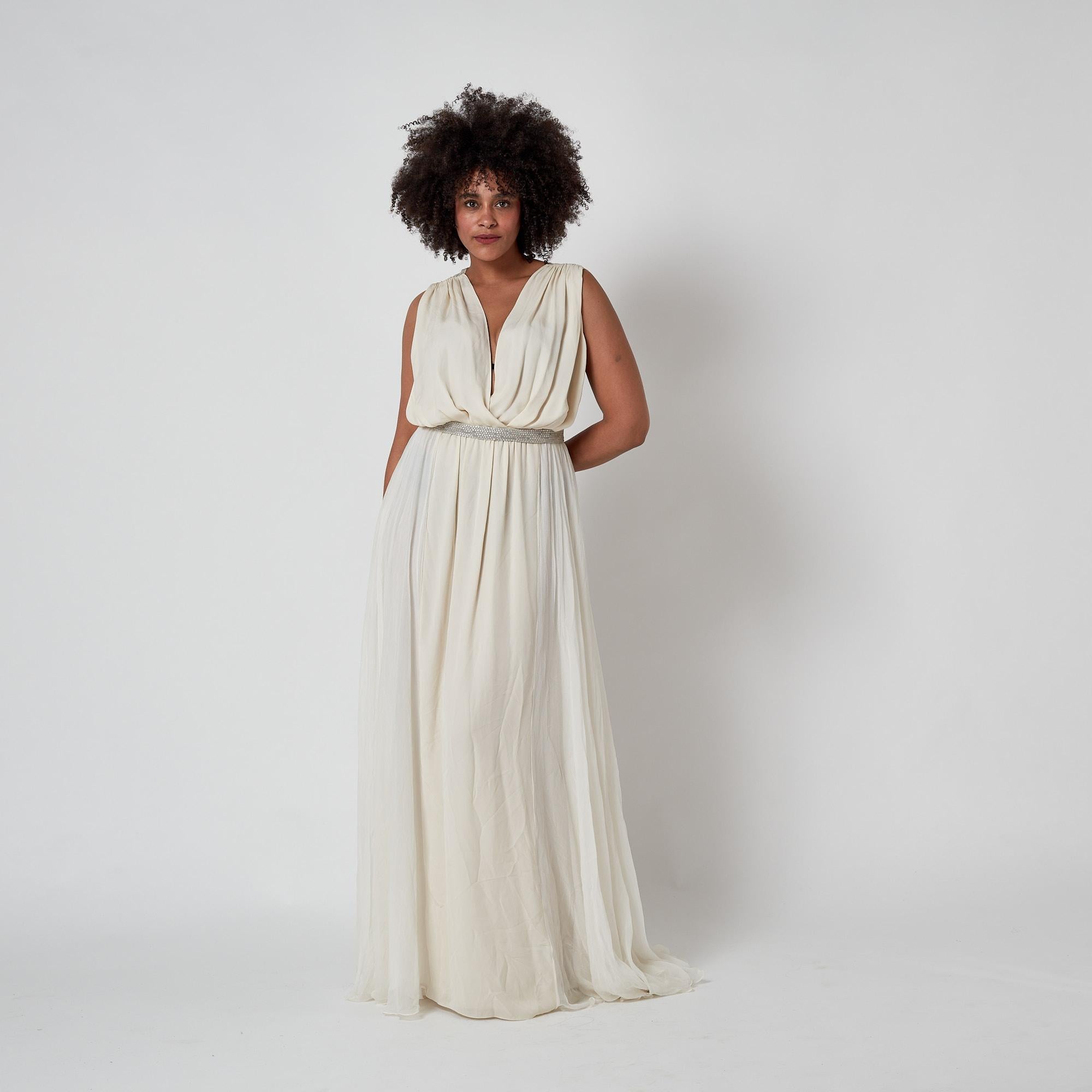 2010 Chloe Ecru Silk Chiffon Maxi-Dress with Silver Rhinestone Detailing For Sale 2