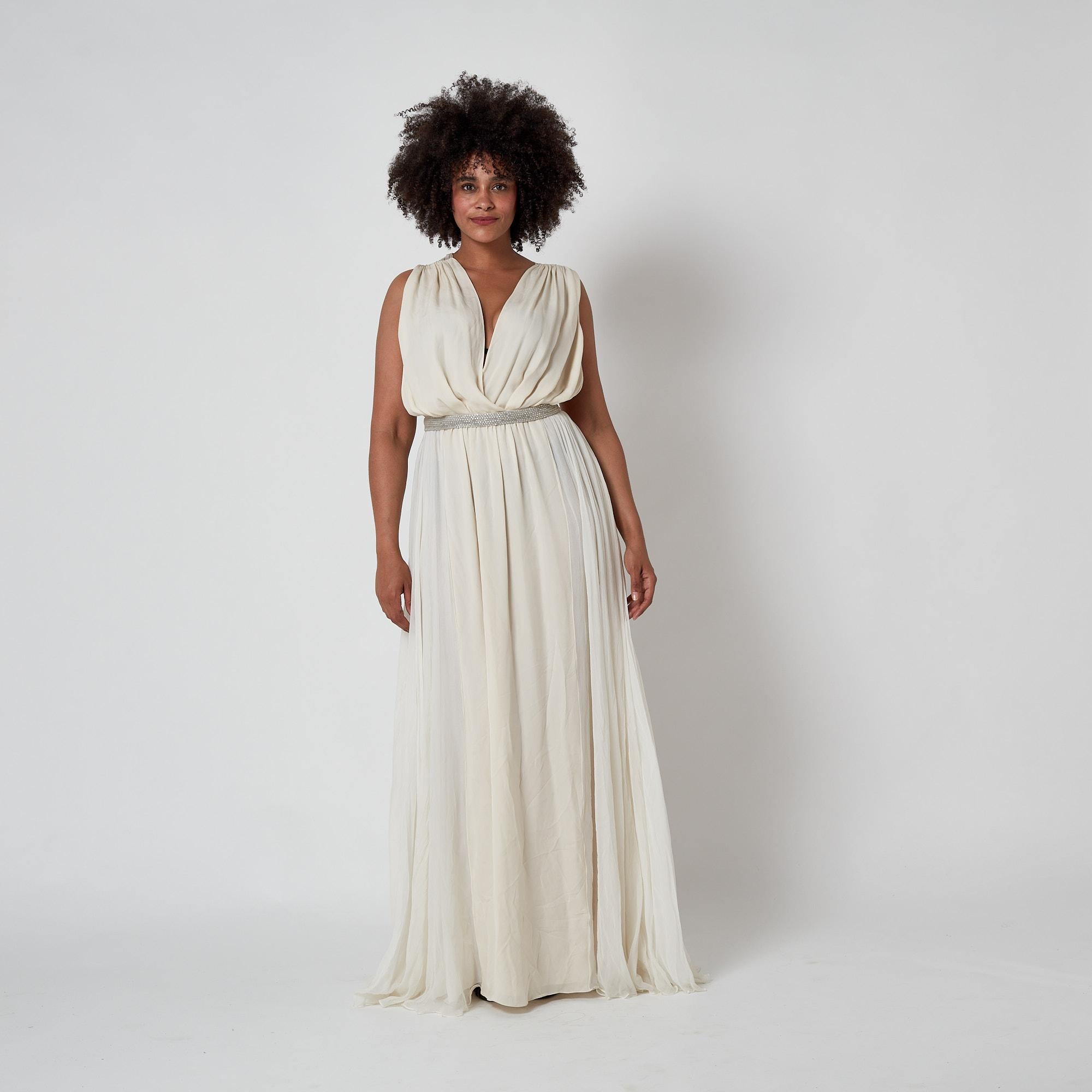 2010 Chloe Ecru Silk Chiffon Maxi-Dress with Silver Rhinestone Detailing For Sale 4