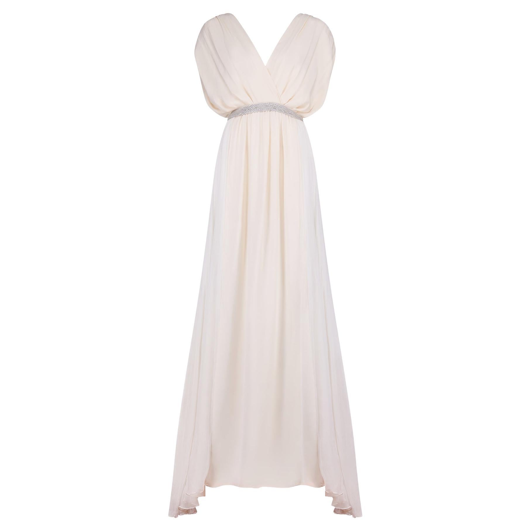 2010 Chloe Ecru Silk Chiffon Maxi-Dress with Silver Rhinestone Detailing