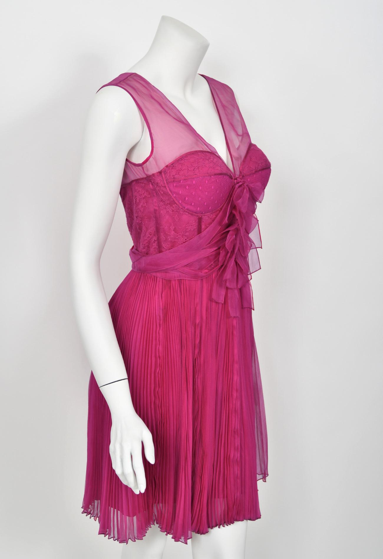 2010 Christian Dior by John Galliano Vestido lencero de seda plisada rosa fucsia 7