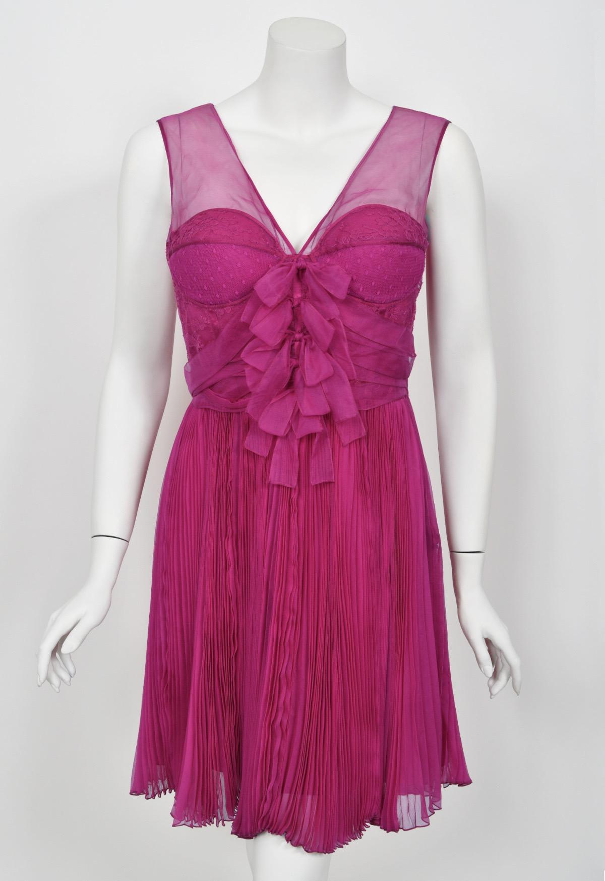 2010 Christian Dior by John Galliano Vestido lencero de seda plisada rosa fucsia 3