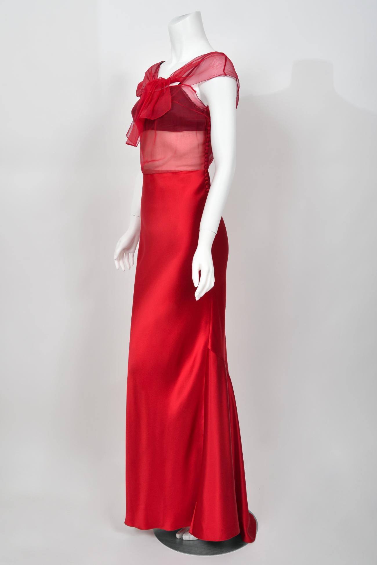 2010 Christian Dior by John Galliano Ruby Red Silk Sheer Black Bra Bias-Cut Gown For Sale 9