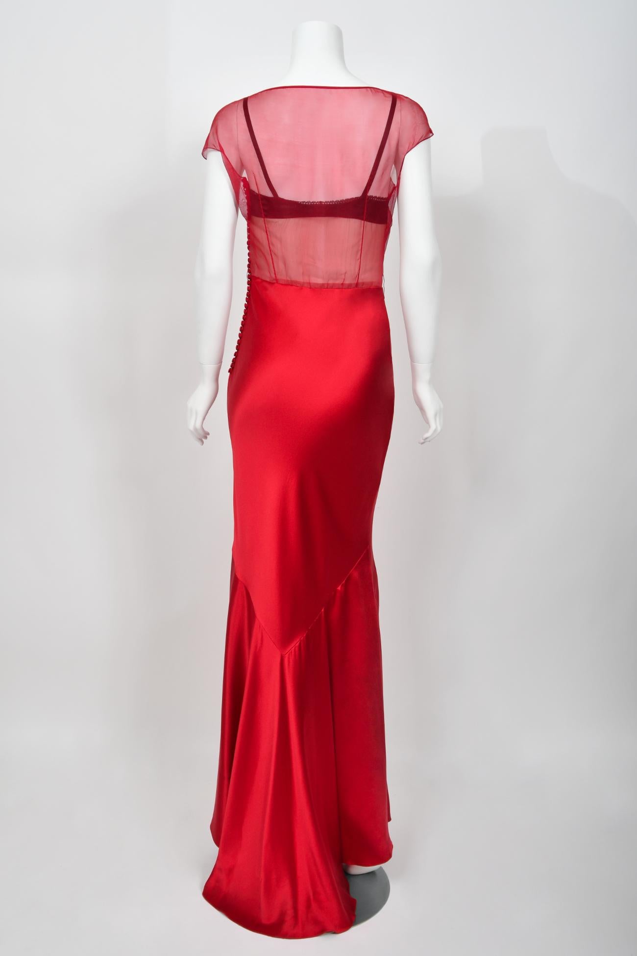2010 Christian Dior by John Galliano Ruby Red Silk Sheer Black Bra Bias-Cut Gown For Sale 10