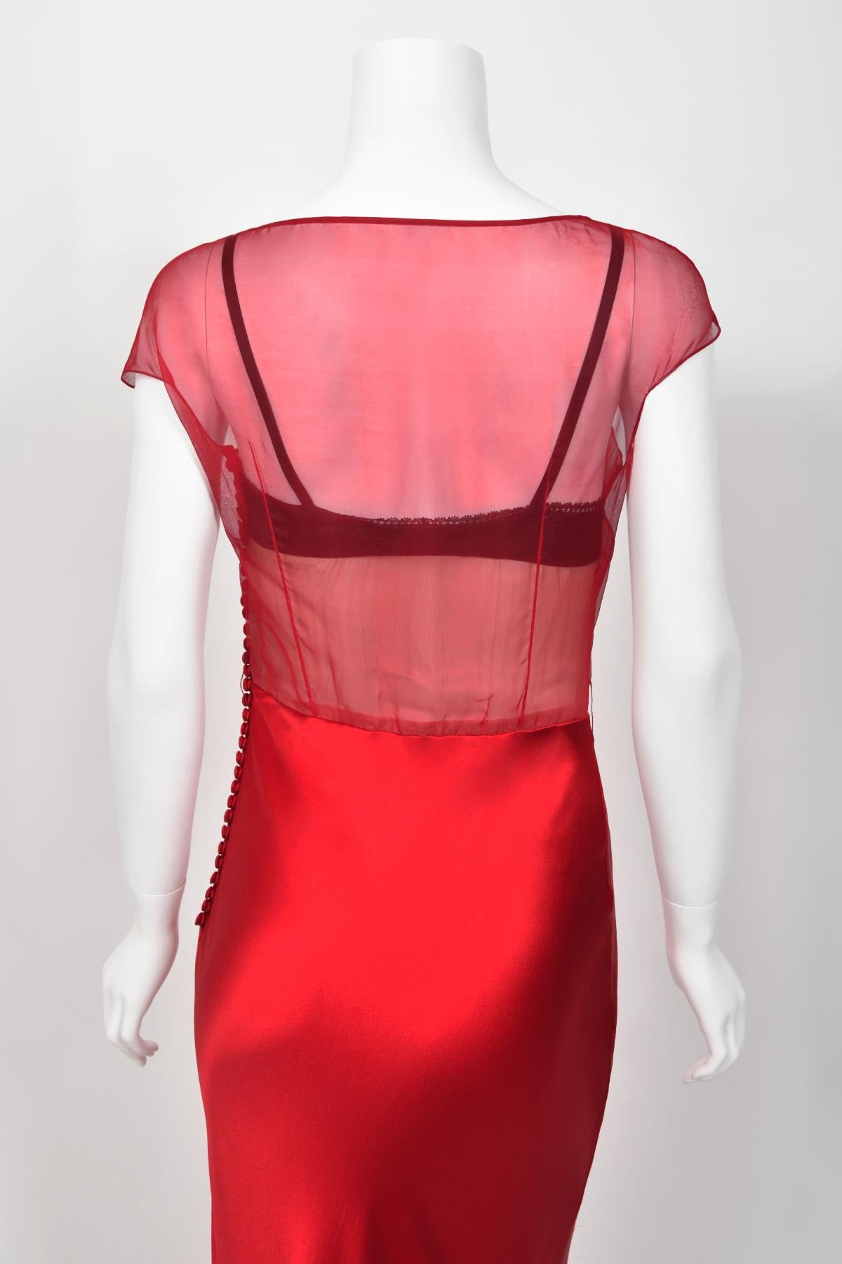 2010 Christian Dior by John Galliano Ruby Red Silk Sheer Black Bra Bias-Cut Gown For Sale 11