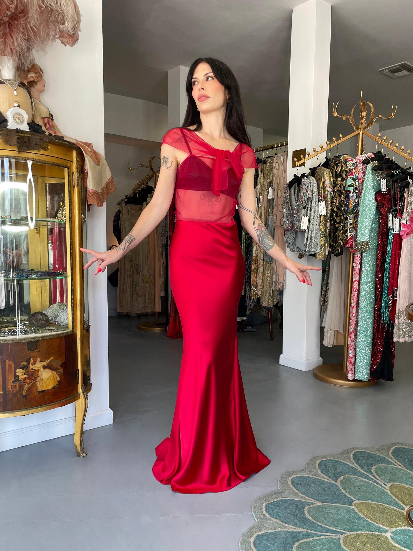 2010 Christian Dior by John Galliano Ruby Red Silk Sheer Black Bra Bias-Cut Gown For Sale 12