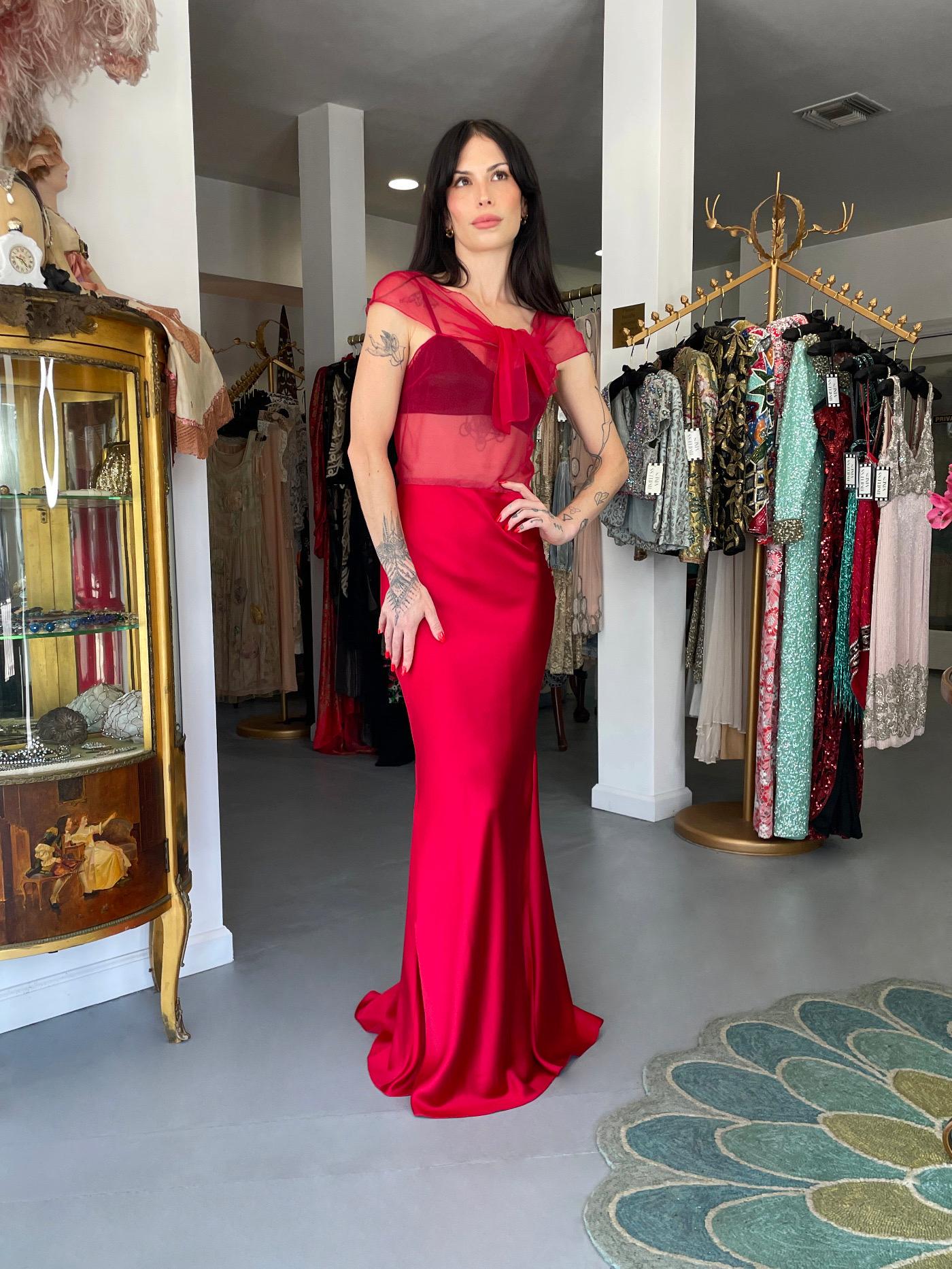 Women's 2010 Christian Dior by John Galliano Ruby Red Silk Sheer Black Bra Bias-Cut Gown For Sale