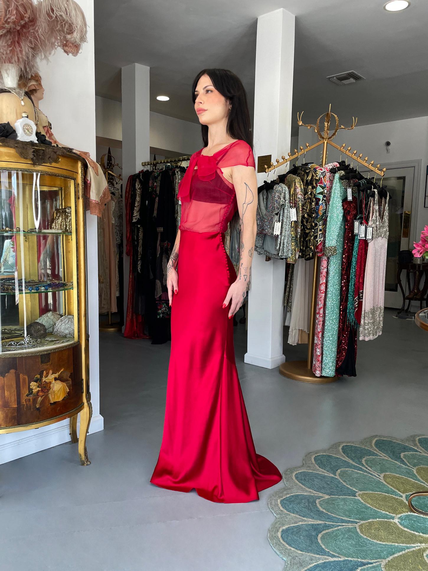 2010 Christian Dior by John Galliano Ruby Red Silk Sheer Black Bra Bias-Cut Gown For Sale 2