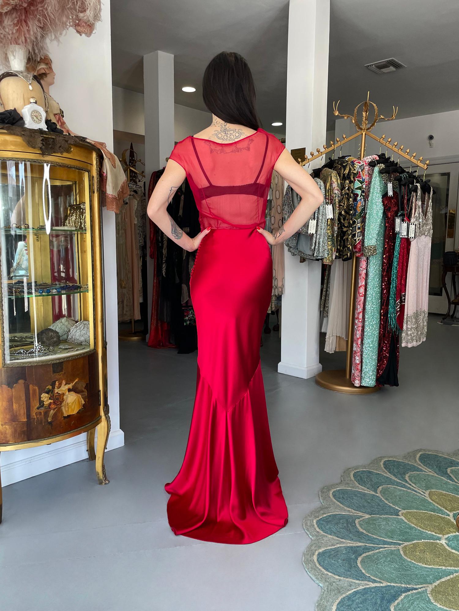 2010 Christian Dior by John Galliano Ruby Red Silk Sheer Black Bra Bias-Cut Gown For Sale 3
