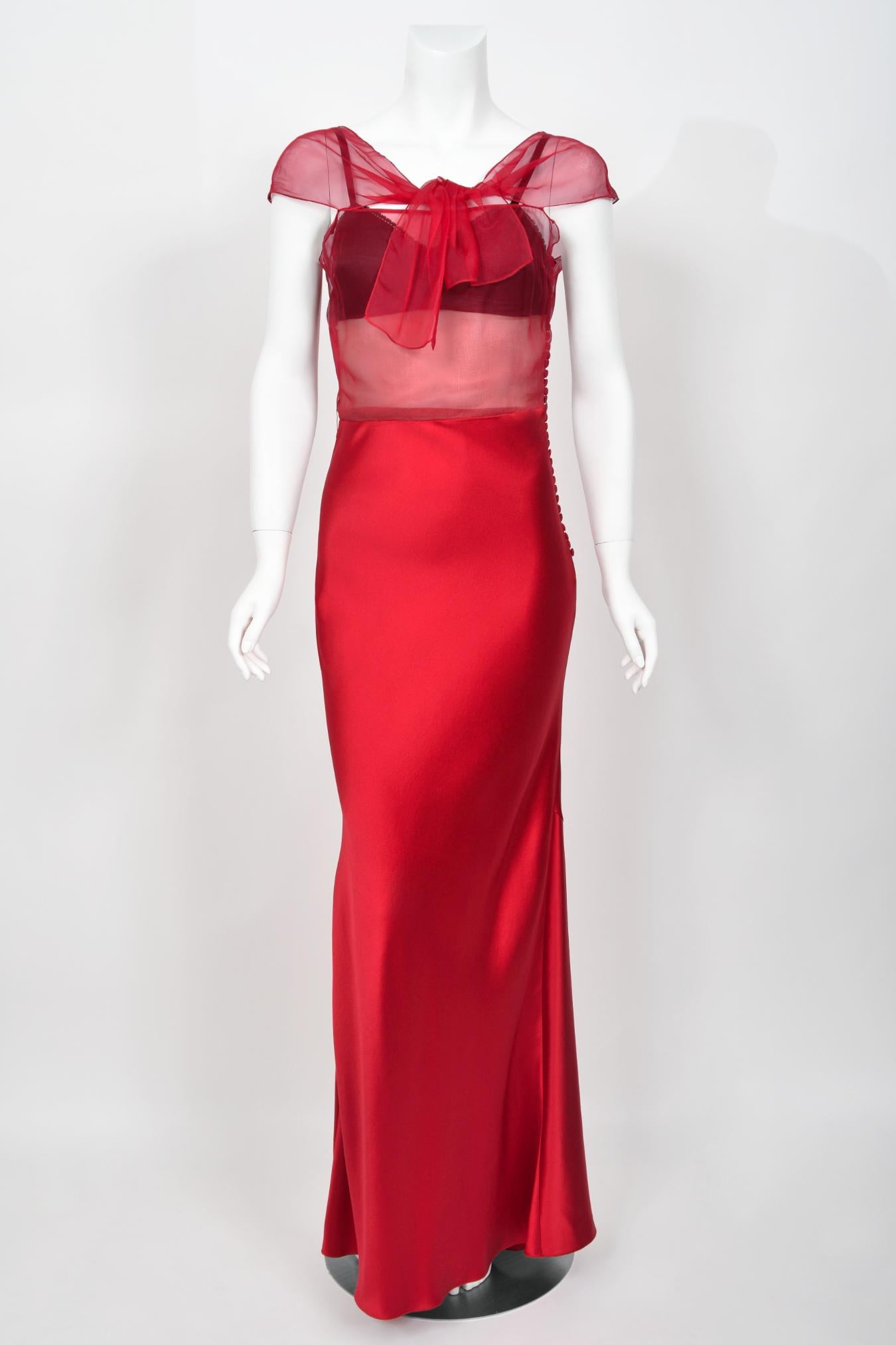 2010 Christian Dior by John Galliano Ruby Red Silk Sheer Black Bra Bias-Cut Gown For Sale 4