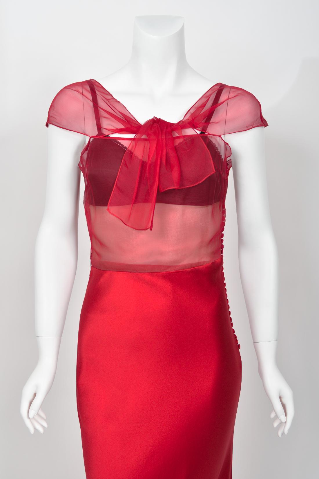 2010 Christian Dior by John Galliano Ruby Red Silk Sheer Black Bra Bias-Cut Gown For Sale 5