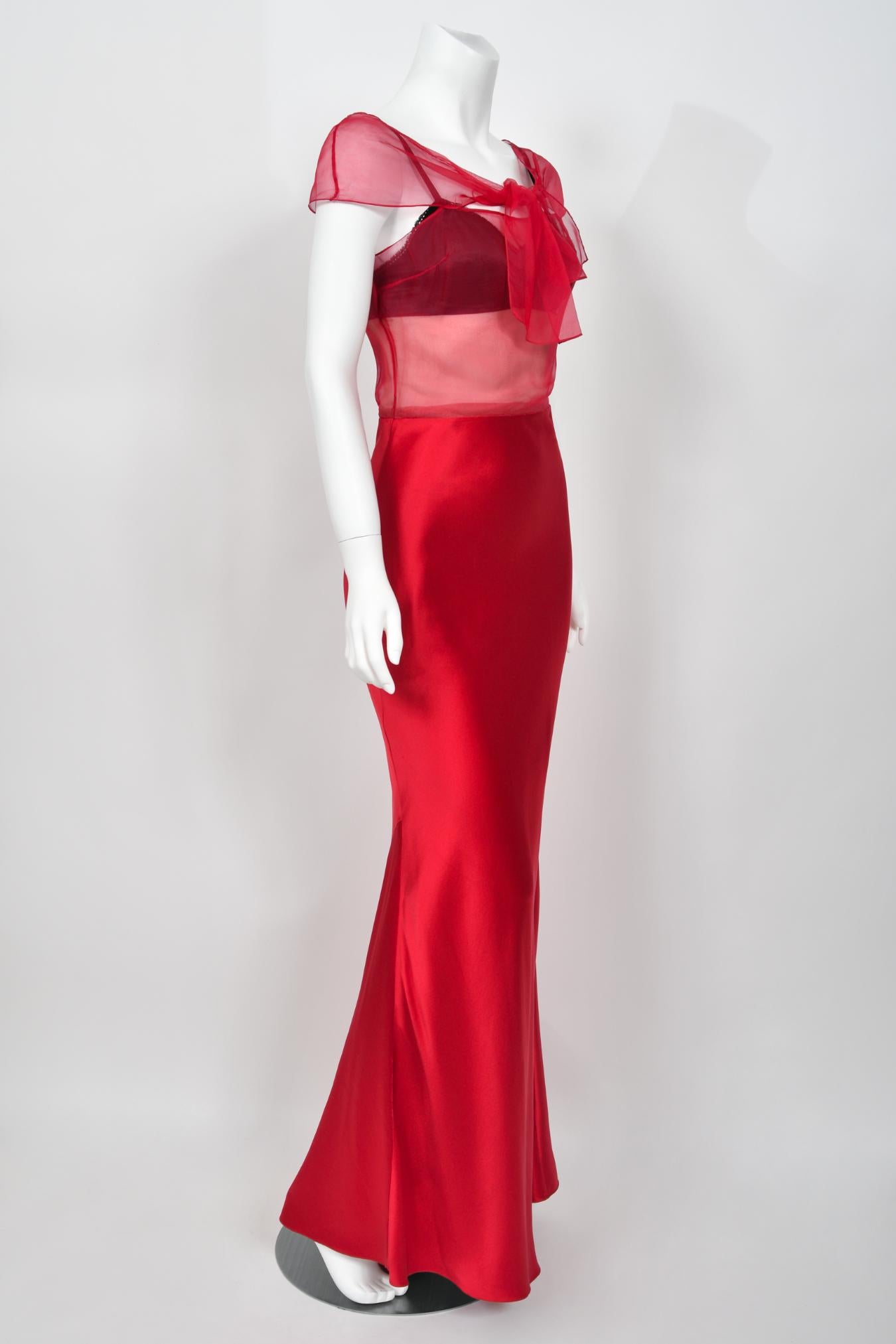 2010 Christian Dior by John Galliano Ruby Red Silk Sheer Black Bra Bias-Cut Gown For Sale 6