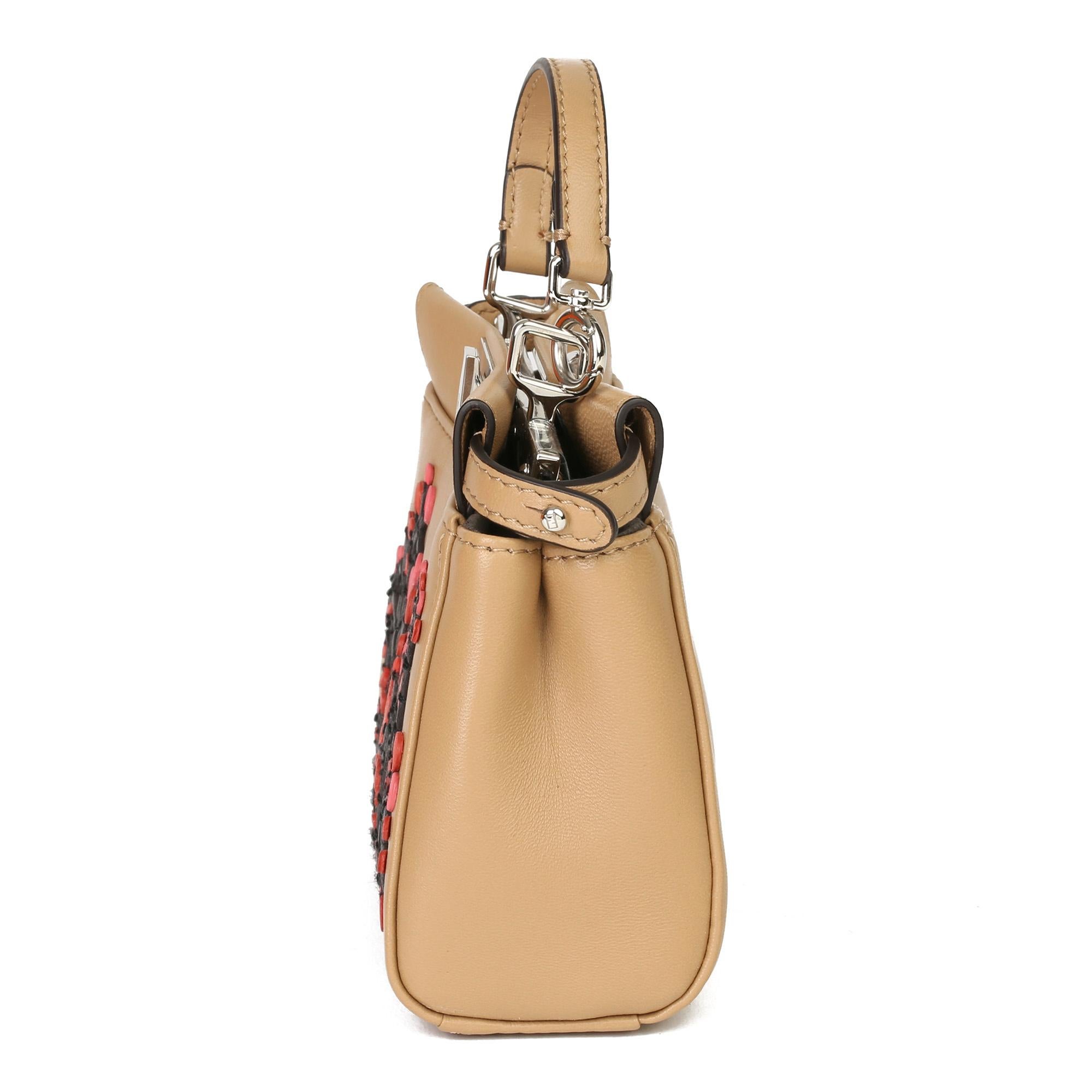 2010 Fendi Beige Leder Botanischer Garten Floral Bestickte Mikro Peekaboo Damen