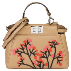 2010 Fendi Beige Leather Botanical Garden Floral Embroidered Micro Peekaboo