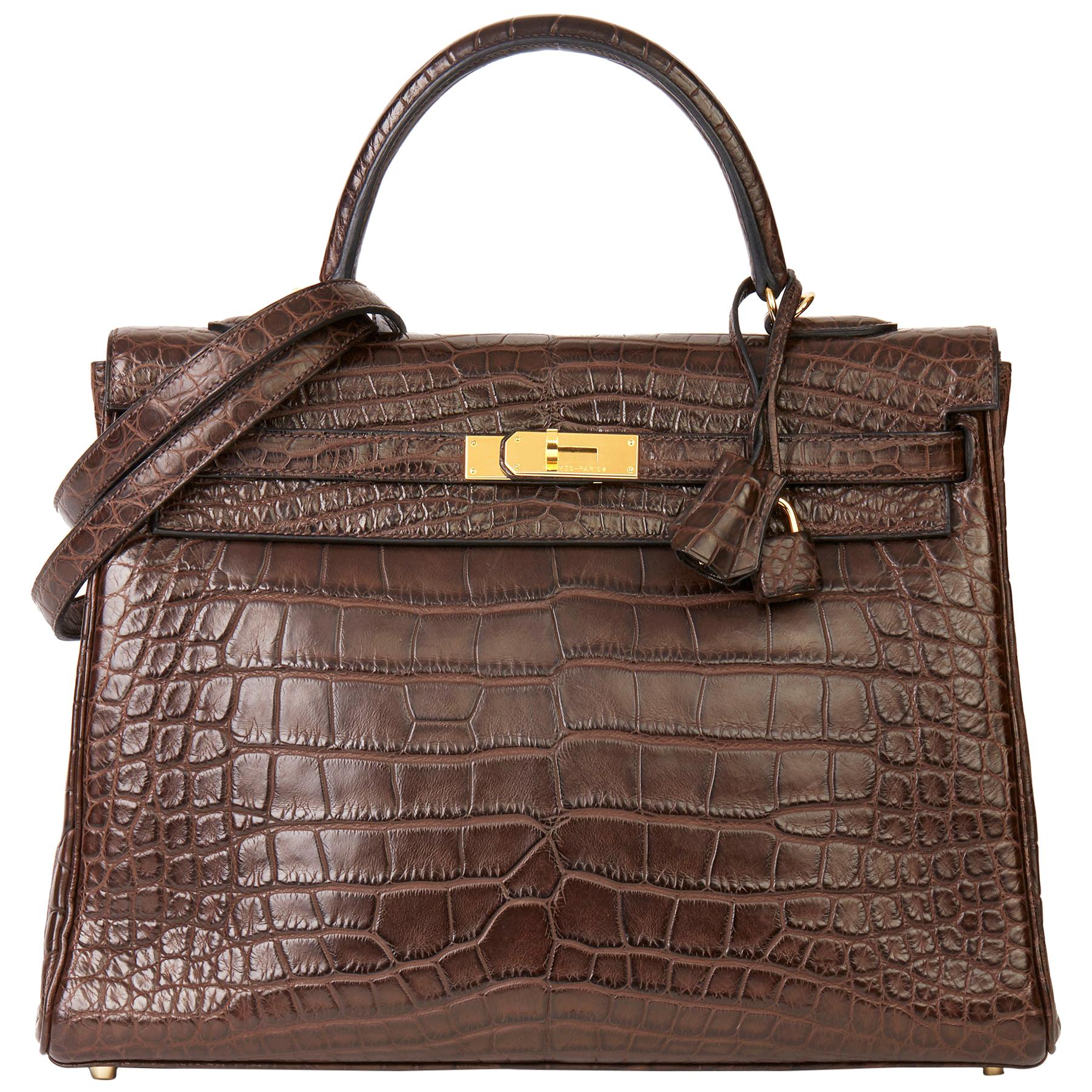 2010 Hermès Chocolate Brown Matte Mississippiensis Alligator Leather Kelly 35cm