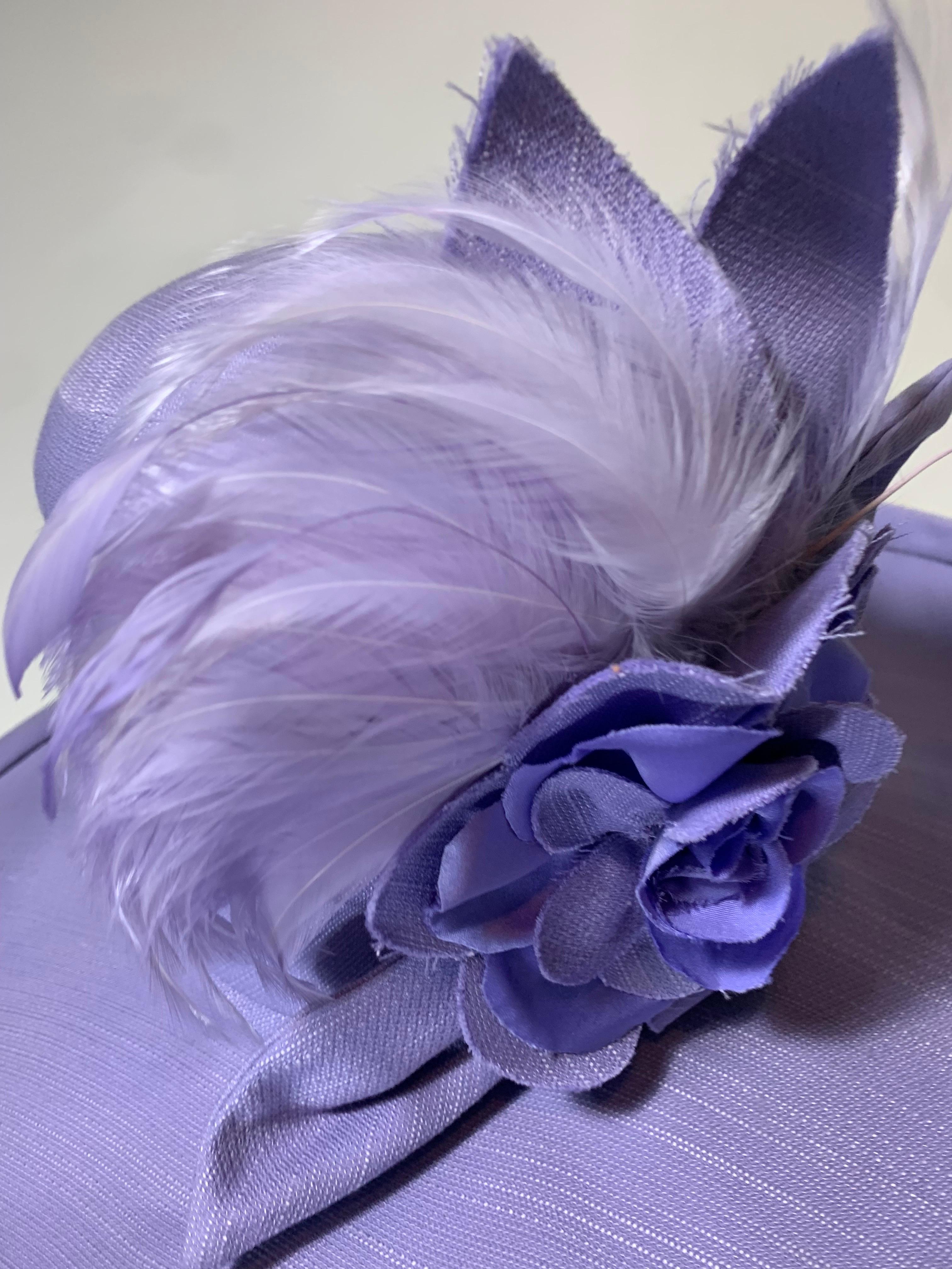 2010 Maison Michel Lavender Linen Wide Brim Hat w Feather & Floral Bouquet  For Sale 6