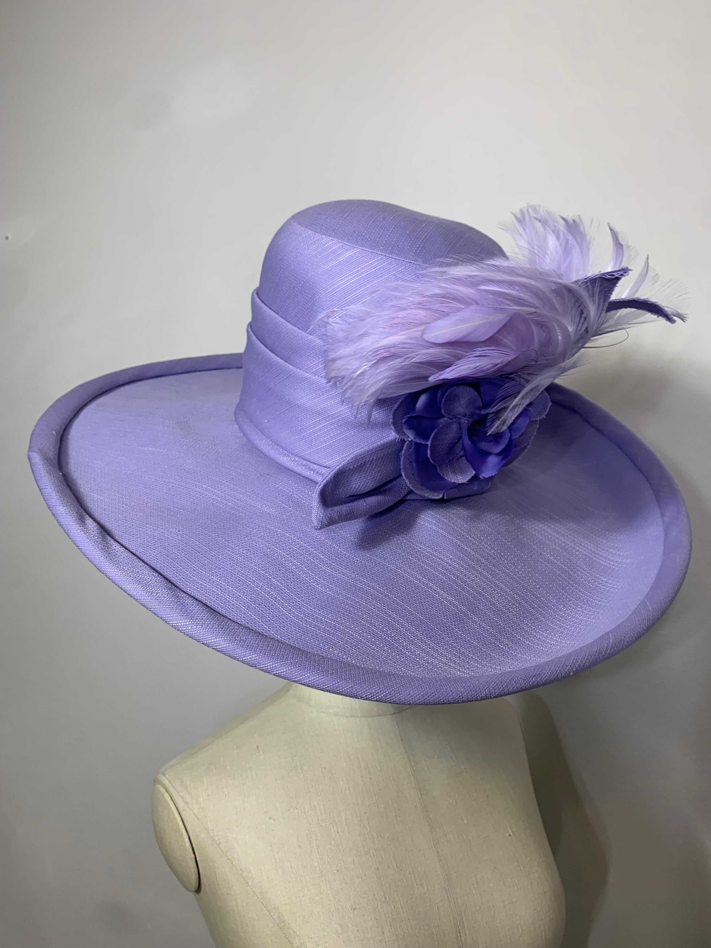 2010 Maison Michel Lavender Linen Wide Brim Hat w Feather & Floral Bouquet  For Sale 7