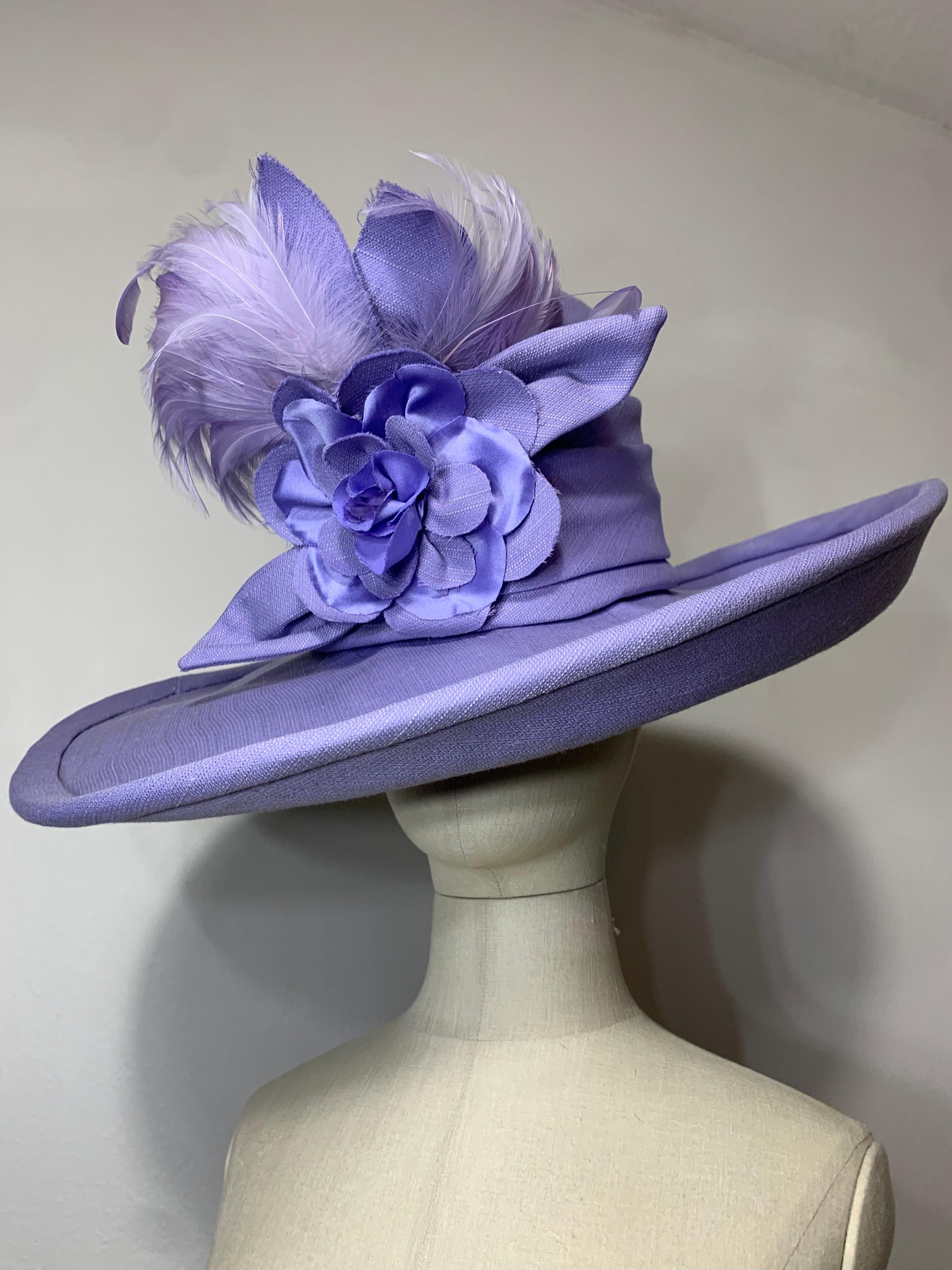 2010 Maison Michel Lavender Linen Wide Brim Hat w Feather & Floral Bouquet  For Sale 8